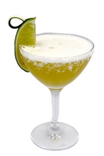 Coupe glass with yellow drink lime wedge salt rim plain background