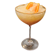 Coupe glass with orange slush drink orange slices bar background