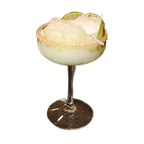 Coupe glass with green frozen drink rimmed glass lime wheels bar background