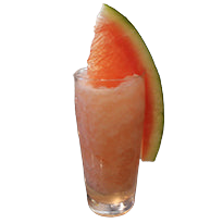 Highball glass with pink frozen drink watermelon wedge bar background