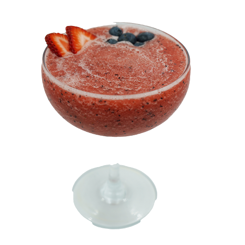Coupe glass with red frozen drink strawberry slices blueberries plain background