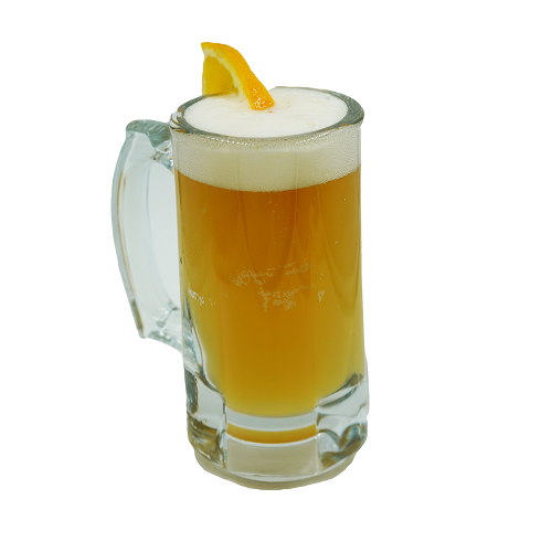 A glass mug filled with beer topped with foam and an orange slice on a plain white background   