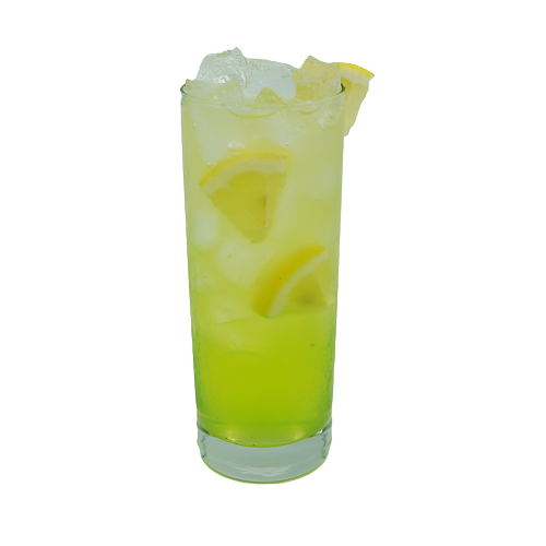 A bright yellow-green cocktail with ice is served in a tall glass with several lemon slices visible inside and a lemon wedge garnish on the rim