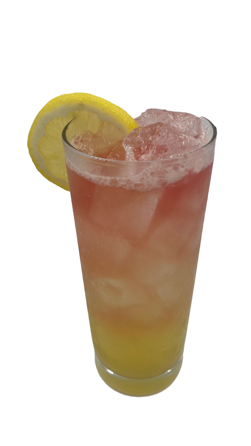 Tall glass with layered yellow and pink iced drink lemon wheel plain background