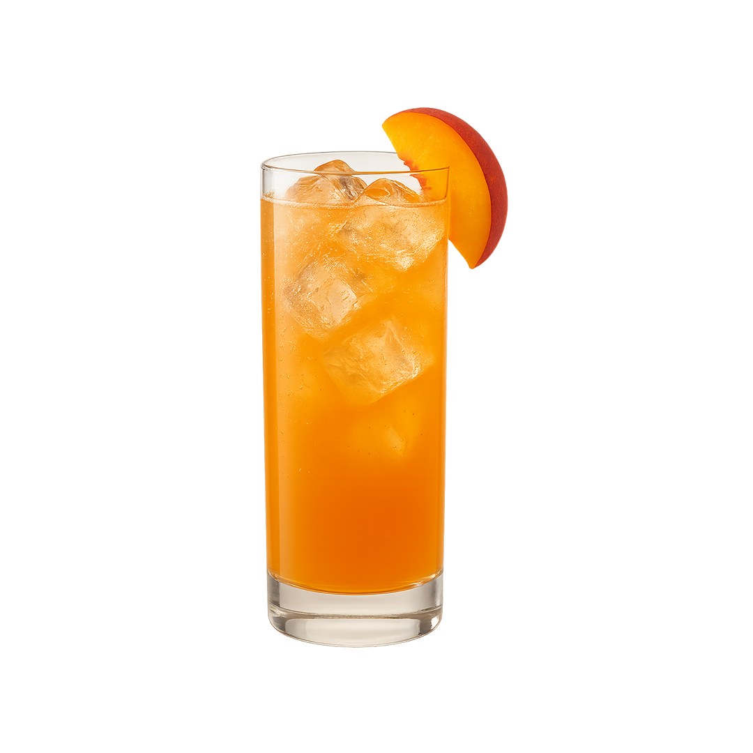 Two cocktails are shown side by side with ice and fruit garnishes. The front drink is pink with a strawberry and lemon slice, while the drink behind it is pale yellow with lemon and peach slices