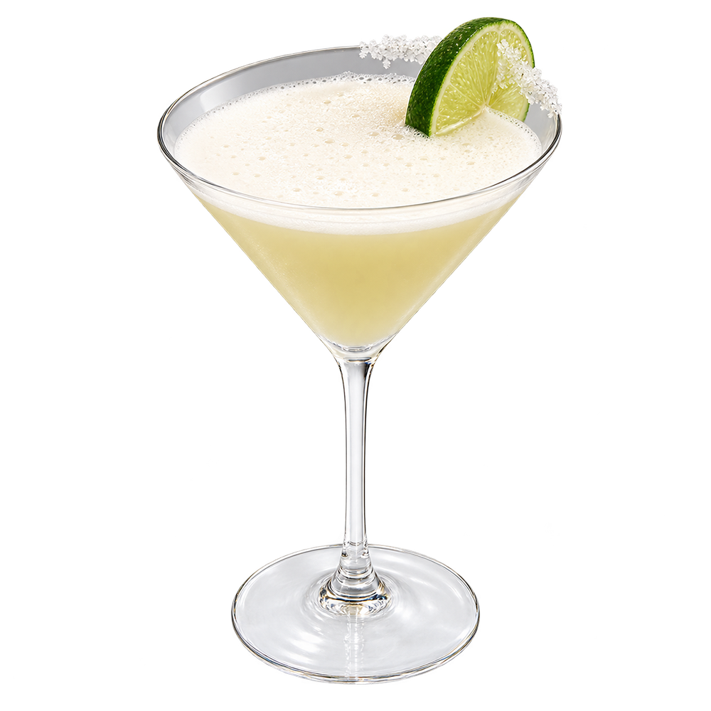 Martini glass with pale yellow drink lime wheel salted rim plain background