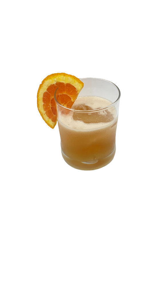 A rocks glass filled with an orange iced drink garnished with an orange slice on a plain background